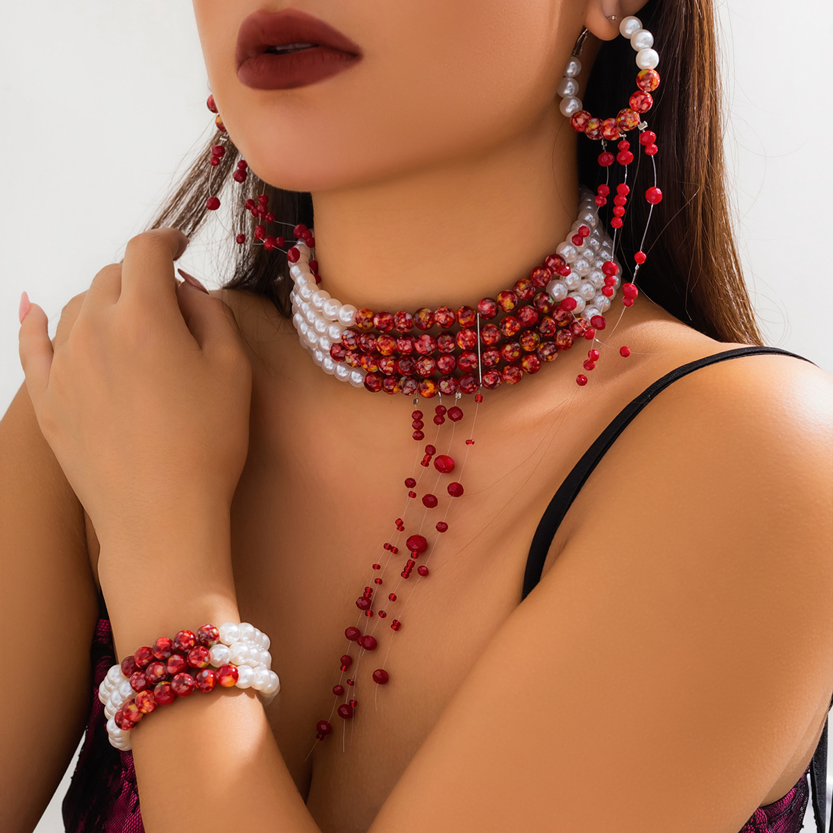 Multilayer Vintage Red Blood P - Pearl Choker Necklace Vintage review and price
