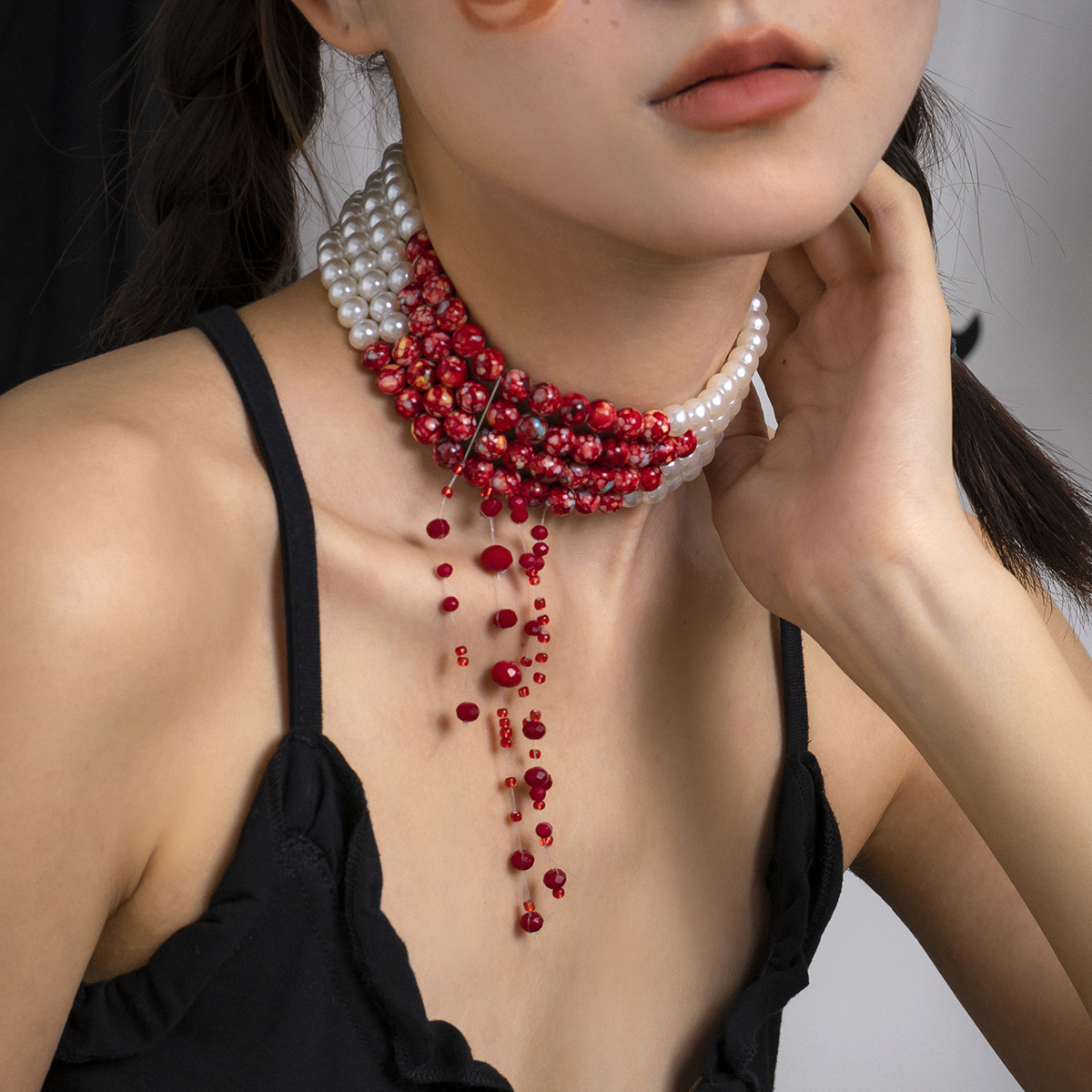 Multilayer Vintage Red Blood P - Pearl Choker Necklace Vintage review and price